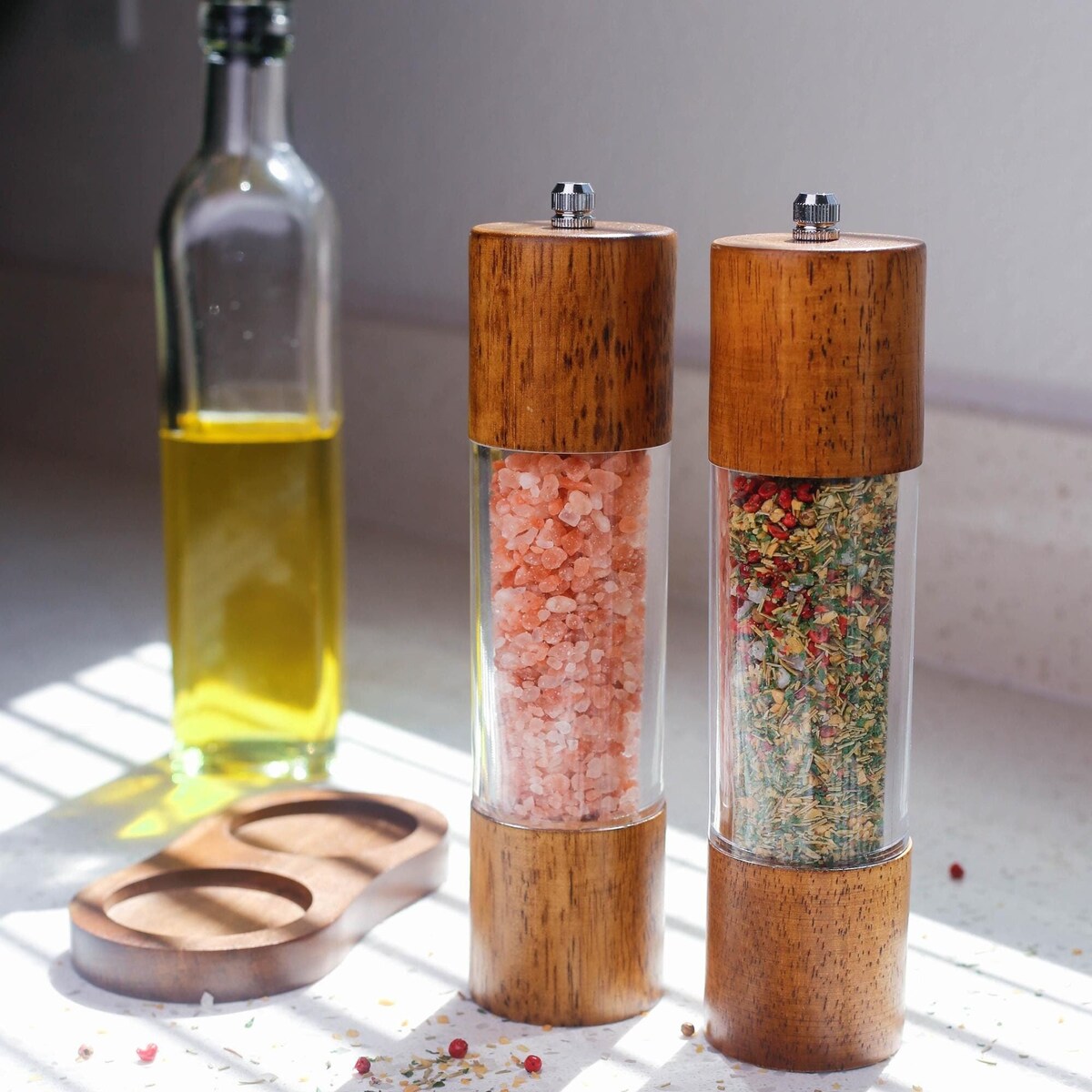 Minimalist Wooden Salt and Pepper Grinder Set Classy Pepper and Salt Mill Set Elegant Manual Grinder 2 Grinders 1 Base - Etsy