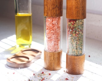Wooden Salt and Pepper Grinder Set | Adjustable Ceramic Core, with Base