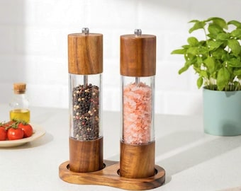 Acacia Wood Salt and Pepper Grinder Set: Kitchen Gift with Base