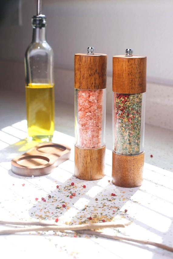 Wooden Salt and Pepper Grinder Set | Adjustable Ceramic Core, with Base