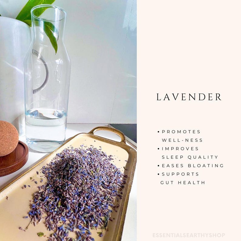 May include: Dried lavender flowers on a gold tray. Lavender is known to promote well-being, improve sleep quality, ease bloating, and support gut health.