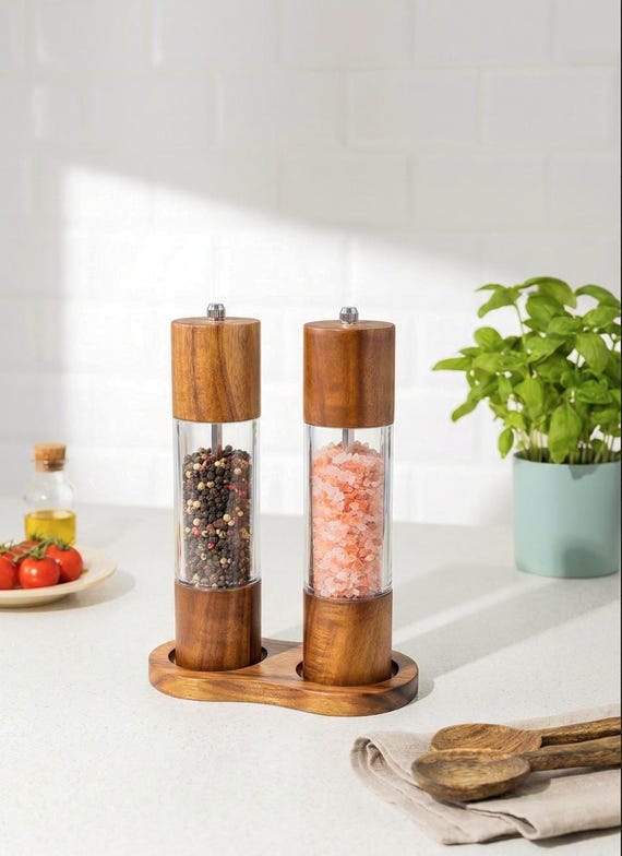 Acacia Wood Salt and Pepper Grinder Set: Kitchen Gift with Base