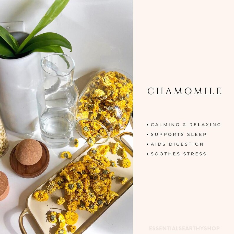 May include: Dried chamomile flowers in a glass jar and on a gold tray. The text "Chamomile" is written in black on a light beige background. Below the text are bullet points listing the benefits of chamomile: calming & relaxing, supports sleep, aids digestion, soothes stress. The text "ESSENTIALS EARTHY SHOP" is written in black at the bottom of the image.