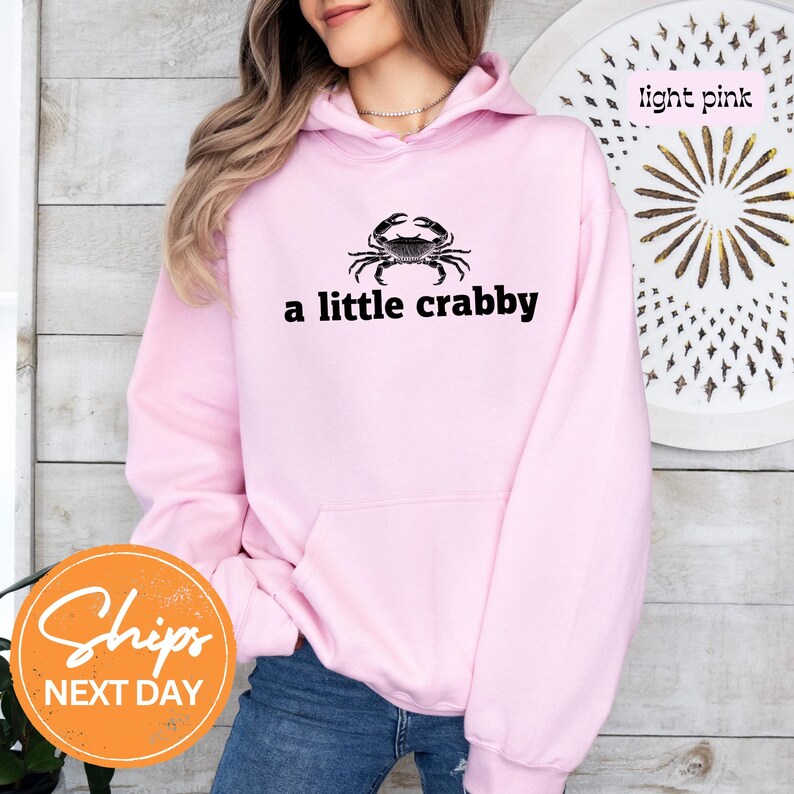 A woman wearing a pink hoodie with a black crab design and the text "a little crabby" printed on it, standing in front of a wooden wall with a circular design.