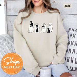 Halloween Black Cat Sweatshirt, Black Cat And Ghost Sweatshirt, Cartoon Cat And Ghost Halloween Hoodie, Oversized Halloween Hoodie