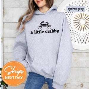 A woman wearing a grey hoodie with a black crab design and the text "a little crabby" printed on it, standing in front of a wooden wall.