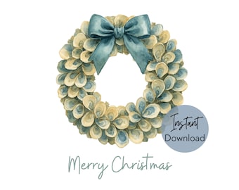 Religious Christmas Card Digital Download, Coastal Christmas Oyster Wreath Card, Beach Holiday Card, Coastal Christmas Card, Merry Christmas