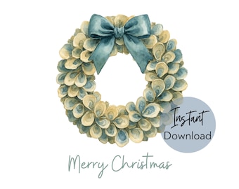 Christmas Card Digital Download, Coastal Christmas Oyster Wreath Card, Beach Christmas Holiday Card, Ocean Christmas Card, Merry Christmas