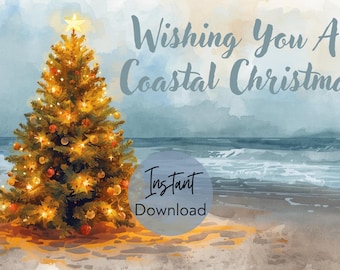 Religious Christmas Card Digital Download, Wishing You A Merry Christmas, Beach Christmas Card, Ocean Christmas,  Coastal Christmas