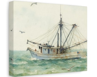 Edisto Beach Shrimpin' Canvas Wall Art, Nautical Decor, Coastal Home, Ocean Theme, Beach House, Sea Life Painting