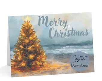 Christmas Card Digital Download, Coastal Merry Christmas, Beach Christmas Tree Holiday Card, Ocean Christmas Card, Coastal Holiday Greeting