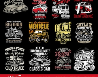 May include: A collection of 25 vintage car and truck designs. The designs feature a variety of vehicles, including a classic hot rod, a monster truck, a big rig, and a classic car. The designs are all in a retro style and feature bold colors and graphics. The text on the designs includes phrases like "Old School", "Big Iron", "Hotrod", and "Classic Car".