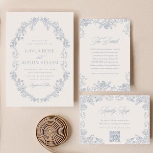 Staubige blaue elegante Hochzeitseinladungsvorlage, druckbare Vintage Blumeneinladungsreihe, romantische bearbeitbares Hochzeitsset Sofort-Download