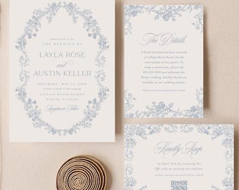 Dusty Blue Elegant Wedding Invitation Template, Printable Vintage Floral Invitation Suite, Romantic Editable Wedding Set Instant Download