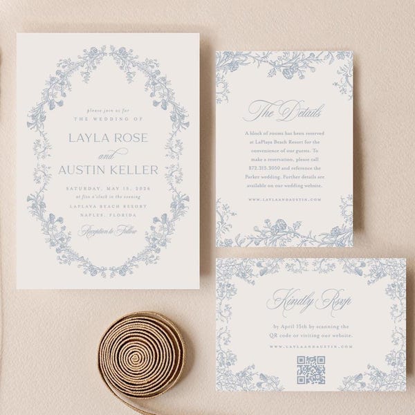 Dusty Blue Elegant Wedding Invitation Template, Printable Vintage Floral Invitation Suite, Romantic Editable Wedding Set Instant Download