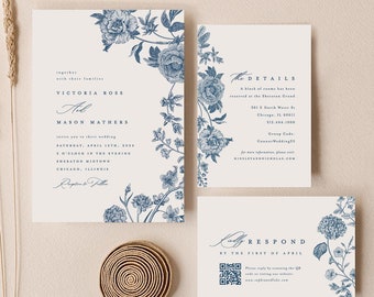 Floral Dusty Blue Minimalist Wedding Invitation Bundle Editable Templates, Floral Wedding Invitation Suite With QR RSVP Instant Download