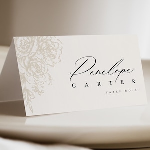 Modelo de cartões de lugar de casamento editável, cartões de nome de casamento elegantes, modernos e florais desenhados, cartões de lugar para impressão, planos e em forma de tenda, download