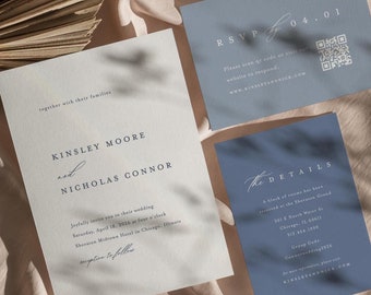 French Blue Wedding Invitation Suite with QR Code RSVP (Editable Template)