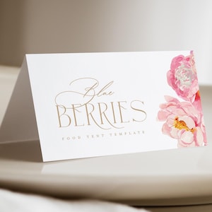 Modèle floral rose de tente de nourriture, cartes de nourriture de brunch de douche nuptiale pétillante, étiquettes florales imprimables d'aliments, téléchargement immédiat modifiable