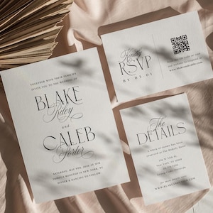 Elegante Hochzeitseinladungsreihe, modernes minimales Einladungsschreiben-Set, Detailkarte, modernes QR-Code-Rsvp, bearbeitbares digitales Vorlagenpaket