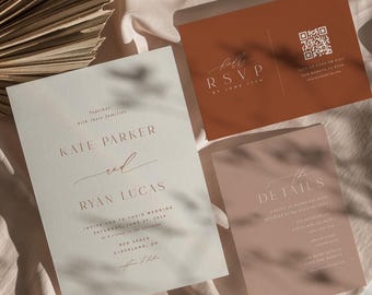 Terracotta Wedding Invitation Suite: Minimalist QR Code RSVP (Digital Templates)