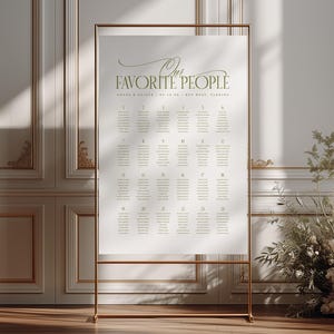 May include: A gold metal framed seating plan with the text "Our Favorite People" in elegant script. The chart lists names in columns and rows. The background is a light-coloured wall with decorative moulding and a wooden floor.