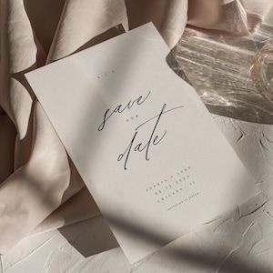 Modello minimalista ed elegante per salvare la data, semplice annuncio di matrimonio moderno, download digitale modificabile fronte-retro per salvare la data, Sophia