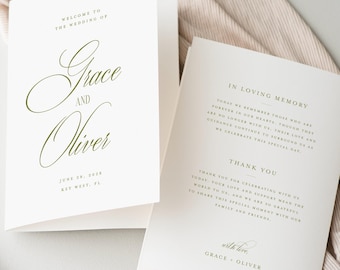 Plantilla de programa de boda verde oliva con dinero antiguo, programa de ceremonia de boda plegado, programa de boda minimalista y elegante imprimible