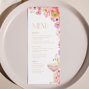Szablon menu na przyjęcie prysznicowe z różowymi kwiatami, karta menu na przyjęcie prysznicowe z płatkami i prosecco do wydrukowania, nowoczesne menu na przyjęcie prysznicowe dla panny młodej do edycji natychmiastowego pobrania
