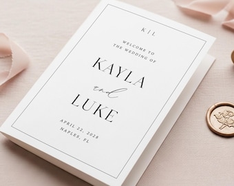 Plantilla de programa de boda plegable, programa de ceremonia de boda minimalista imprimible, programa de boda clásico elegante, descarga instantánea editable