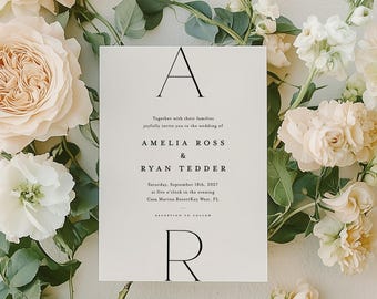 Modern Wedding Invitation Suite, Minimalist Initials Monogram Invite Set, Printable Wedding Template, Editable Instant Download