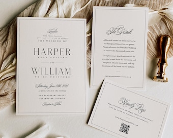 Klassische Hochzeitseinladungs-Suite, formelles Schwarz-Weiß-Einladungsset, zeitlos elegante Hochzeitsvorlage, RSVP- und Detailkarten-Druckset