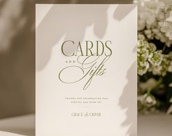 Cards and Gifts Wedding Sign, Editable Template, Instant Download, Luxury Old Money Wedding Decor, Olive Green Elegant Sign