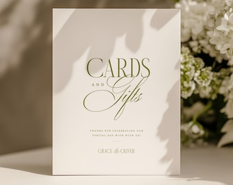 Cards and Gifts Wedding Sign, Editable Template, Instant Download, Luxury Old Money Wedding Decor, Olive Green Elegant Sign