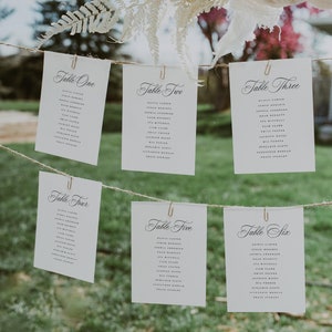 Modèle de plan de table mariage moderne, cartes de plan de table élégantes, sièges de travail de table script romantique, téléchargement imprimable