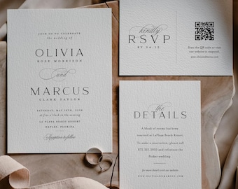 May include: A set of three off-white wedding stationery cards with black serif typography. The main invitation features the names Olivia Rose Morrison and Marcus Clark Taylor. Includes an RSVP card with a QR code and a details card with event information.