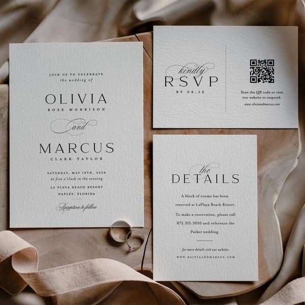 Sjabloon voor moderne minimalistische huwelijksuitnodiging: bewerkbare kaart voor RSVP en details (direct downloaden)