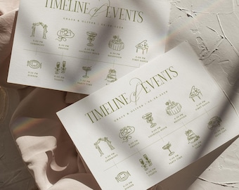 Plantilla de tarjeta de cronograma de boda de la vieja aristocracia con iconos, tarjeta de orden de eventos elegante, programa de boda minimalista imprimible
