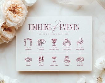 Plantilla de tarjeta de cronograma de boda de la vieja aristocracia con iconos, elegante tarjeta de orden de eventos en color burdeos, programa de boda minimalista en color rojo vino para imprimir.