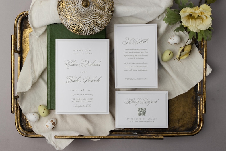 Sage Green Wedding Invitation Template, Classic Elegant Script Suite ...