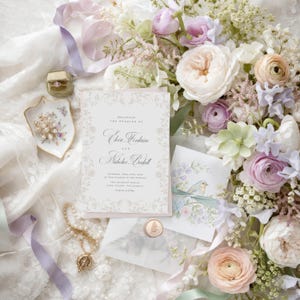 May include: A wedding invitation suite featuring Eloise Fontaine and Nicholas Beckett, a small ring box, a floral dish with pearls, and a wax-sealed envelope, all surrounded by a lush arrangement of white, cream, and lavender garden roses.