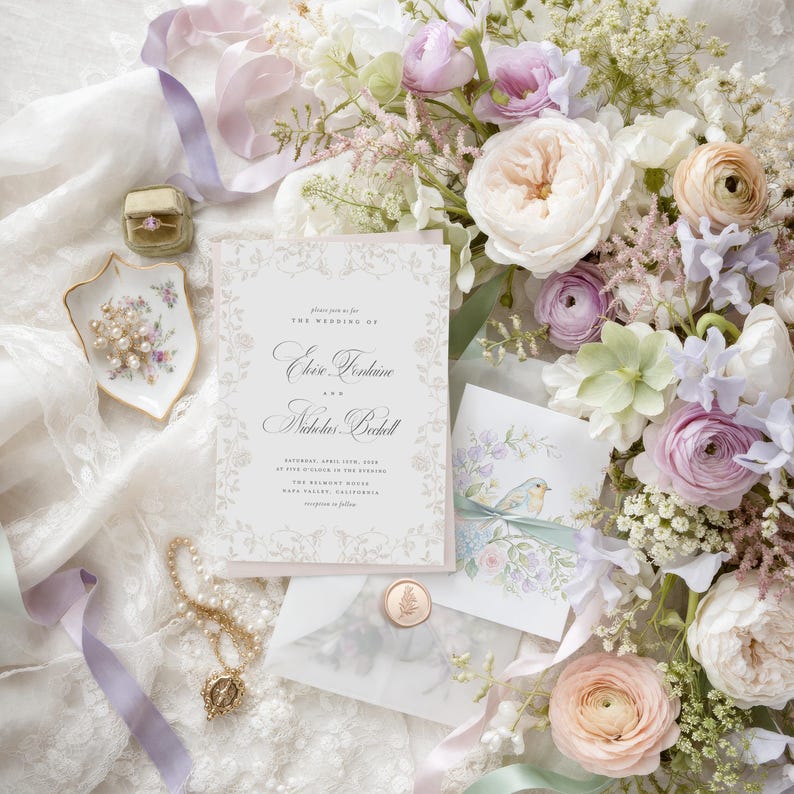 May include: A wedding invitation suite featuring Eloise Fontaine and Nicholas Beckett, a small ring box, a floral dish with pearls, and a wax-sealed envelope, all surrounded by a lush arrangement of white, cream, and lavender garden roses.