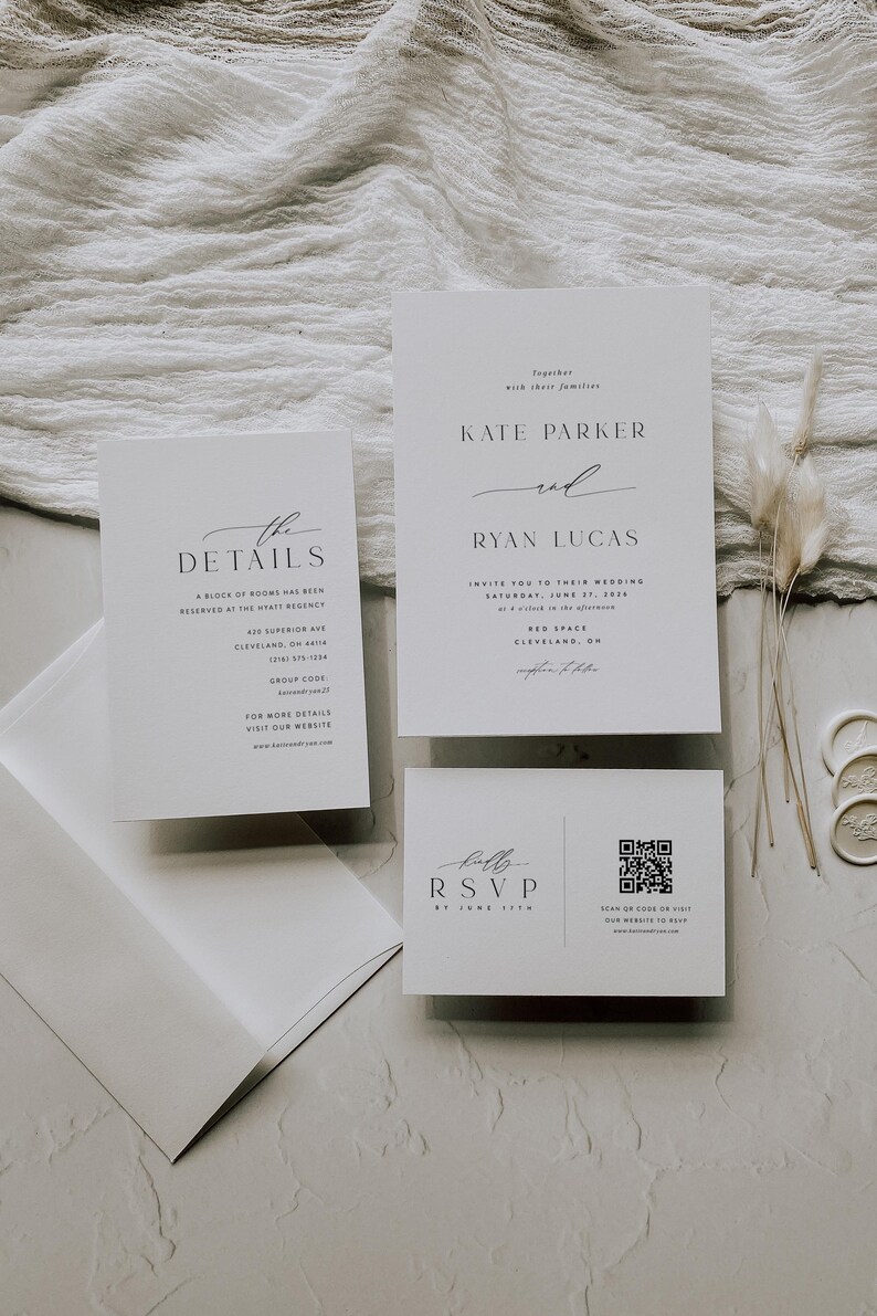 May include: Wedding invitation suite with white cardstock and black text. The invitation features the names "Kate Parker" and "Ryan Lucas" with the date "Saturday, June 17, 2023". The details card includes the location "430 Superior Ave Cleveland, OH" and the group code "KATE&RYAN". The RSVP card includes a QR code and the text "Scan QR code or visit our website to RSVP".