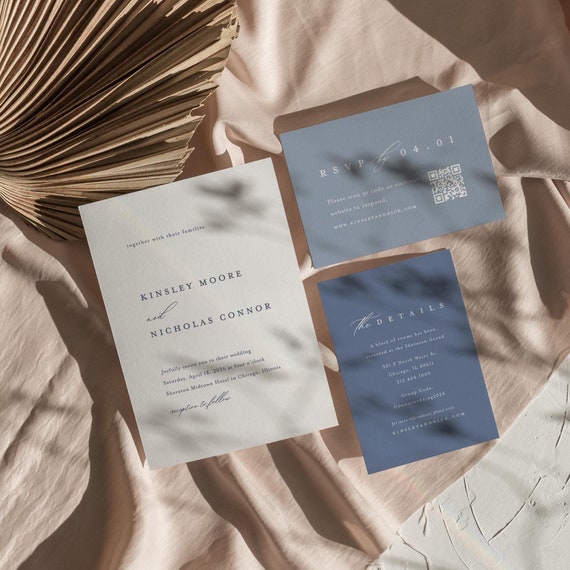 French Blue Wedding Invitation Suite with QR Code RSVP (Editable Template)