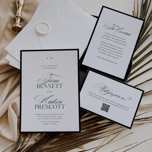 May include: A sophisticated wedding invitation set. The main card, with black borders, displays the names Fiona Bennett and Hudson Prescott. Additional cards provide event details and a QR code. Includes a wax seal and a gold stamp.