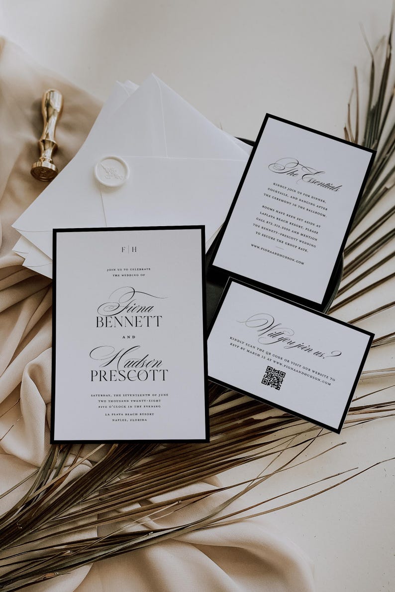 May include: A sophisticated wedding invitation set. The main card, with black borders, displays the names Fiona Bennett and Hudson Prescott. Additional cards provide event details and a QR code. Includes a wax seal and a gold stamp.