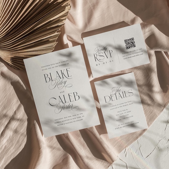 Elegant Wedding Invitation Suite, Modern Minimal Invite Script Set, Details Card, Modern QR Code Rsvp, Editable Digital Templates Bundle