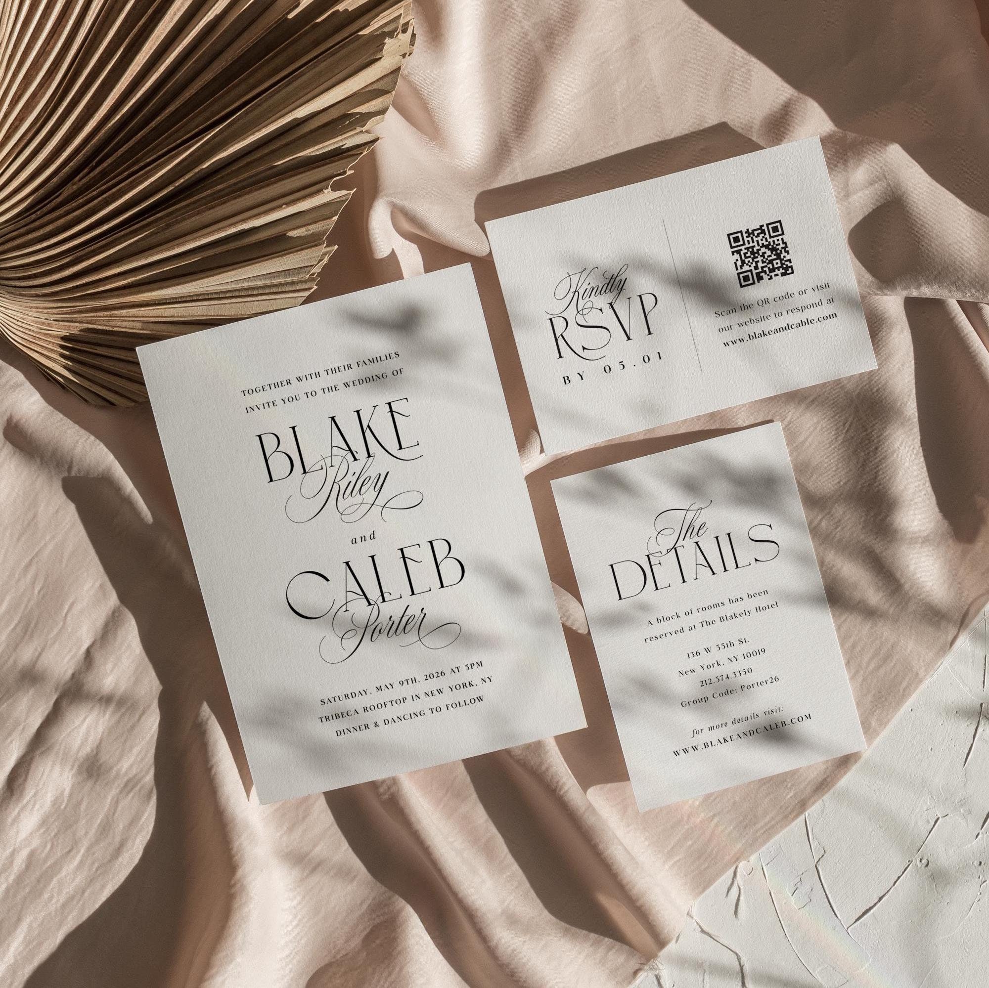 Elegant Wedding Invitation Suite, Modern Minimal Invite Script Set, Details Card, Modern QR Code Rsvp, Editable Digital Templates Bundle