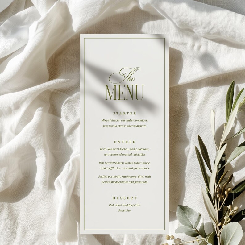 Puede incluir: Una tarjeta de men&uacute; formal con fondo blanco y borde verde. El texto "The MENU" est&aacute; en la parte superior, seguido de las opciones de entrante, plato principal y postre. El men&uacute; est&aacute; decorado con ramas de olivo.
