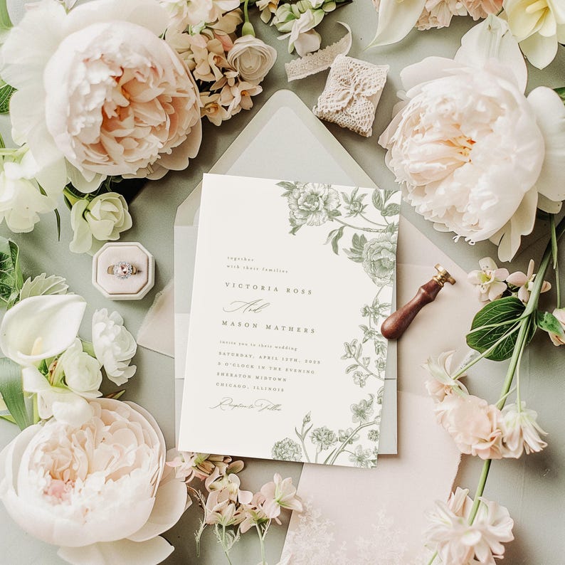 May include: A rectangular wedding invitation card with sage green floral illustrations on the right side, featuring the text Victoria Ross and Mason Mathers, Saturday, April 11th, 2026, Sheraton Midtown, Chicago, Illinois, with a ring box and wax seal.